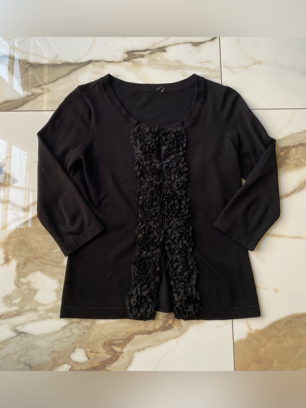Viscose Crewneck Cardigan Sweater With Floral Appliqué with 3/4 sleeves (Size S)